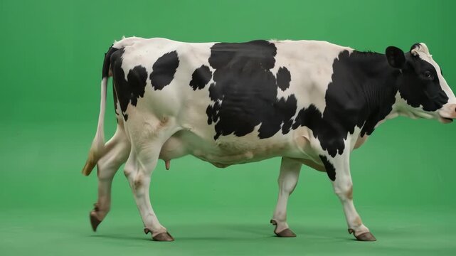 Side view of a black and white dairy cow walking at a steady pace across a solid chroma key green screen background