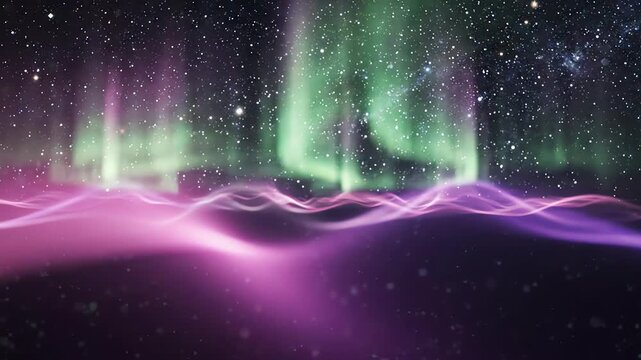 Seamlessly looping soft glowing aurora borealis with ethereal colorful light waves flowing across an abstract peaceful background