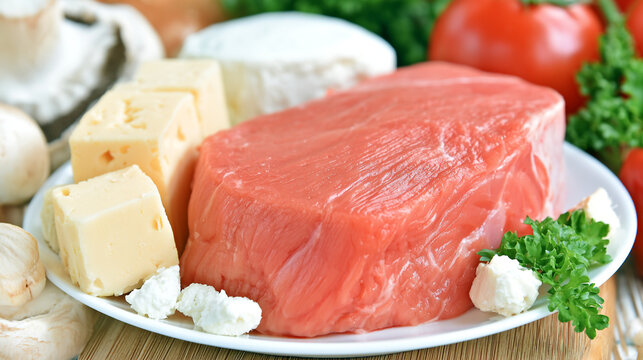 Fresh salmon fillet with cheese cubes tomatoes parsley on a white plate raw fish