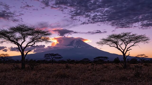 Symmetrical wide shot of the African savanna at dusk with clouds moving over Mount Kilimanjaro as purple light fades behind acacia trees