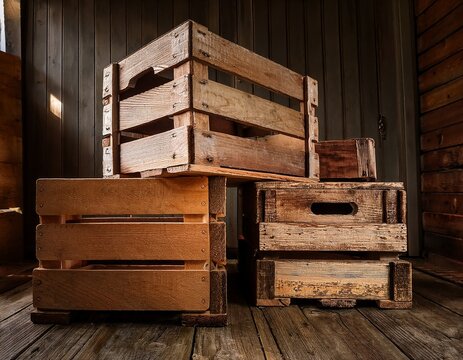 stacked vintage wooden crates and boxes in a shabby chic rustic style used for storage freight and home decor the aged weathered boxes and crates create a warm