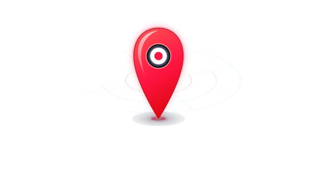 3D red map pin with target symbol on white background featuring subtle blue radar ripples. High-quality isometric navigation icon for GPS and location tracking visuals.