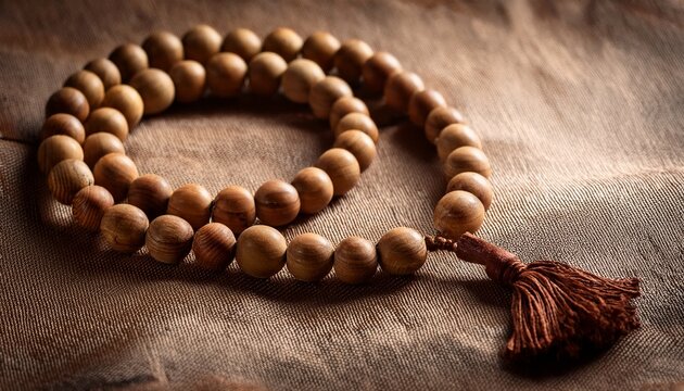 close up of a natural wooden bead mala prayer necklace with a tassel on textured fabric
