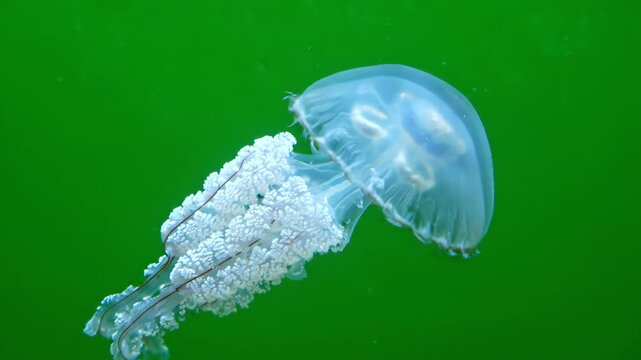 Translucent bioluminescent jellyfish pulsating and swimming gracefully against a bright solid green screen background for easy chroma keying
