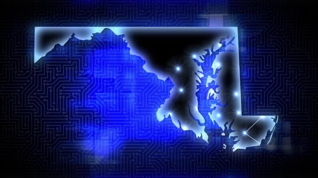 Animated Maryland map with glowing digital network connections over a circuit board background representing AI data centers and technology infrastructure. 15385  