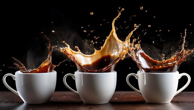 dynamic splash of coffee in multiple white mugs showcasing rich texture and robust color ideal for showcasing energy creativity and beverage culture in advertising or culinary contexts
