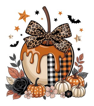 Halloween caramel apple with leopard bow. Festive autumn holiday design with pumpkins and bats.