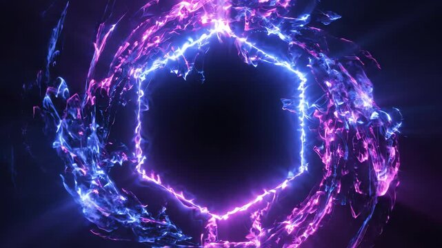Vibrant electric blue and pink neon hexagon glowing and pulsing against a dark black background with light rays and geometric energy motion