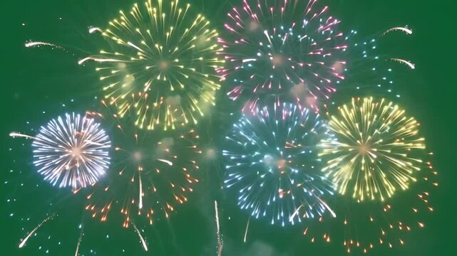 Vibrant colorful fireworks exploding and bursting with bright sparks over a professional green screen background for video editing overlay