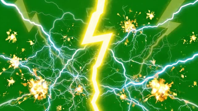 Vibrant cartoon lightning bolts flashing and striking against a bright green screen background with energetic electric sparks