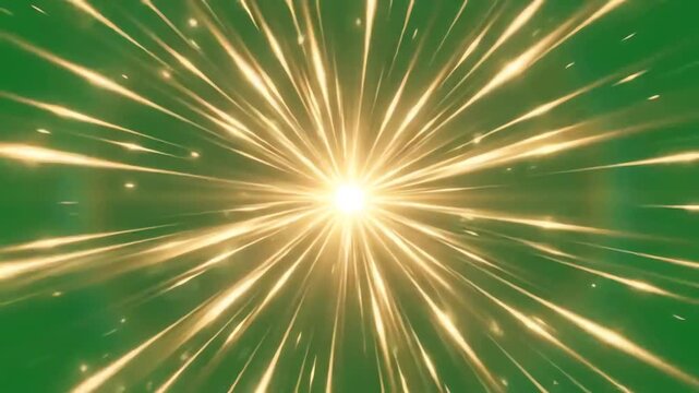 Vibrant golden sunburst exploding with radiant light rays against a bright green screen for motion graphics compositing and visual effects