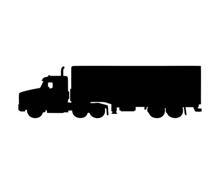 Black silhouette of a large semi truck with a trailer side view silhouette  illustration on white background. 

