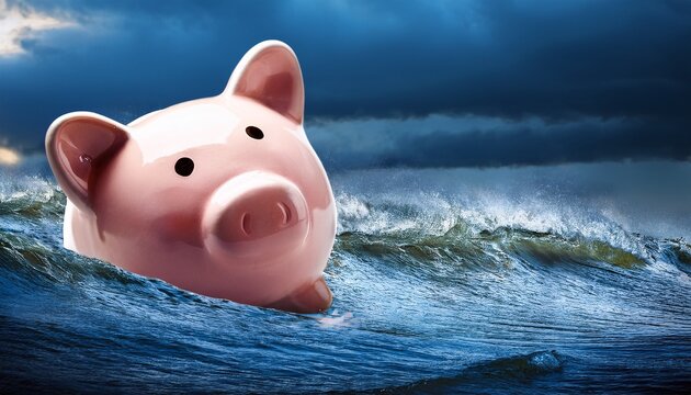 piggy bank sinking savings crisis financial risk concept with piggy bank floating in stormy water