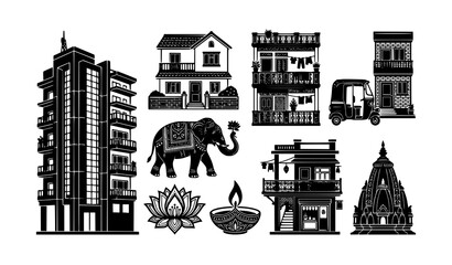 Fototapeta premium Indian Urban Housing Real Estate and Cultural Symbol Black White Vector Icons