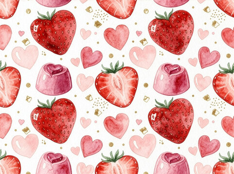 Valentine 275 Watercolor Seamless Pattern of Heart Strawberries Strawberry Slices Jelly Puddings Hearts and Gold Dust（ヘタ付きハート型イチゴと苺断面とハートゼリーとハートと金箔が描かれた水彩のシームレスパターン）