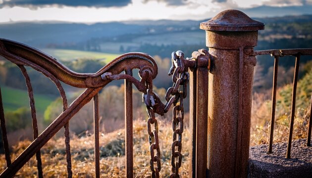 a rusty iron gate with a chain hanging from it possibly secured or closed