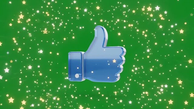 3D thumb up symbol clicking and pulsing with sparkling particles on a chroma key green screen background