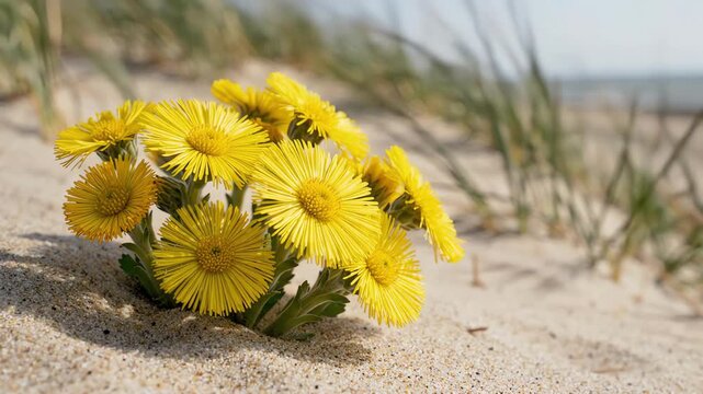 Yellow Coltsfoot Tussilago farfara flowers blooming on a sandy Norfolk foreshore with gentle coastal wind moving petals