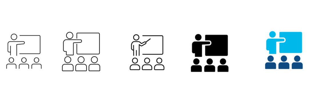 Presentation icon with presenter and audience symbolizing training, teaching and communication. Business seminar pictogram for conference, workshop, education, meeting and professional presentation co