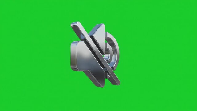 3D metallic mute icon symbol with speaker and slash animation pulsing and rotating on a bright green screen background for video editing
