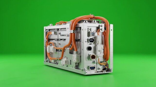 3D rendered electric vehicle battery pack rotating slowly on a bright green chroma key background for visual effects