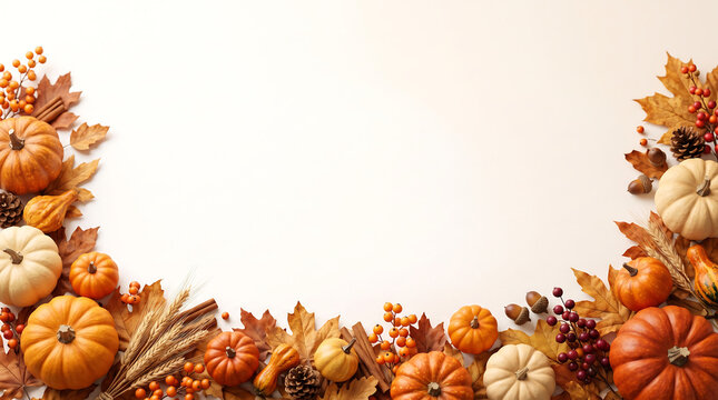Autumn border background with pumpkins and leaves
