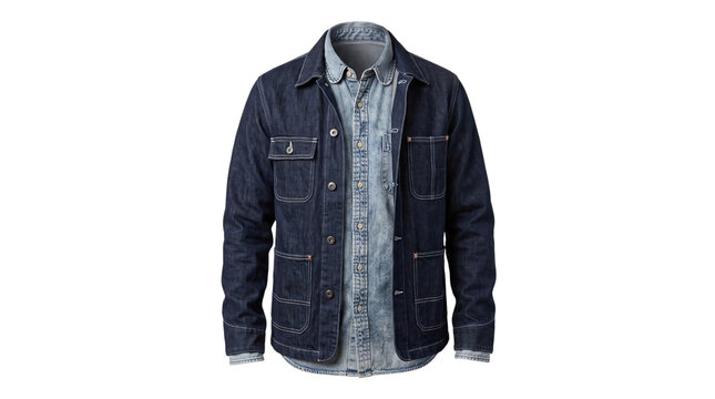 Dark blue denim jacket over grey shirt on mannequin torso