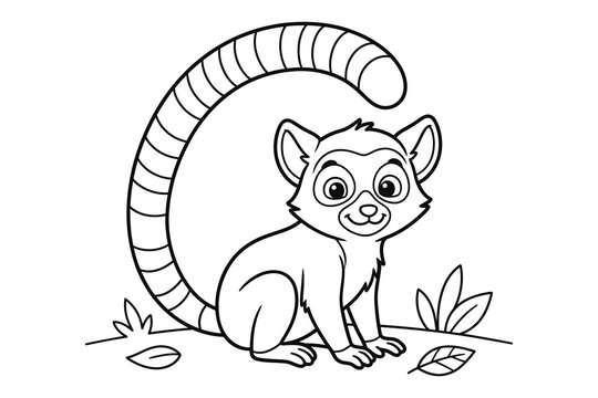 Playful ring-tailed lemur with long tail coloring page vector