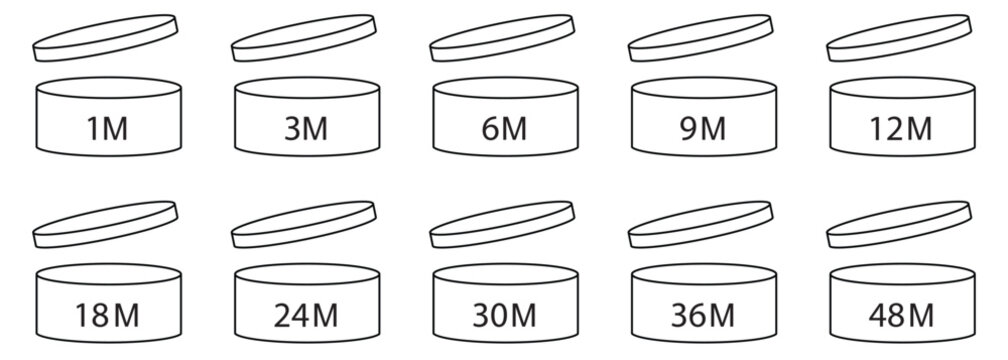 PAO Symbols Set. Period After Opening Icons Collection. 1M, 3M, 6M, 9M, 12M, 18M, 24M, 30M, 36M, 48M, PAO icons. Packaging signs for cosmetic. Vector illustration. 
