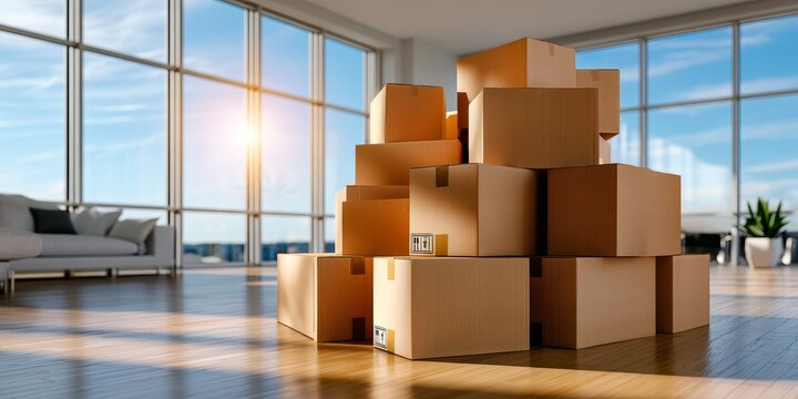 Stack of cardboard boxes in a modern living room with large windows, sunlight streaming in, hardwood floor, and minimalist furniture, conveying moving or relocation concept.
