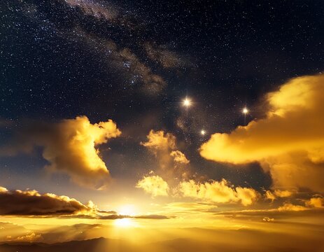 a yellow sky with clouds and a few stars