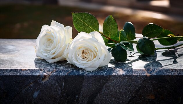 two white roses resting on a marble tombstone