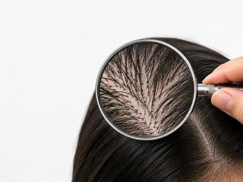 Magnifying glass examining scalp, hair roots and thinning hair