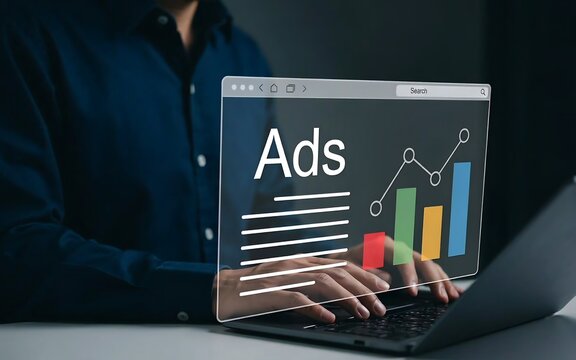 Digital advertising concept with laptop screen displaying 'ads' and blurred business professional