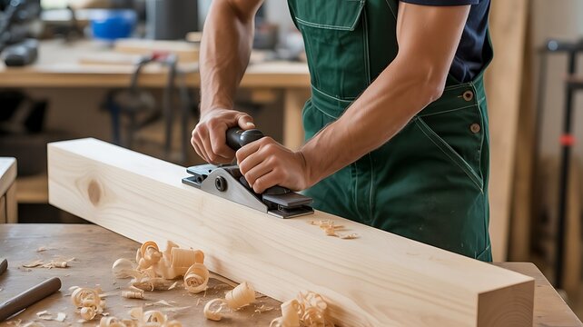 Close-up of a carpenter using a hand plane on a wooden beam, woodworking workshop, craftsmanship, manual labor, wood shavings on the workbench