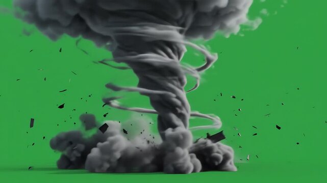 Hyper realistic tornado funnel cloud swirling and moving across a bright green screen background for visual effects compositing