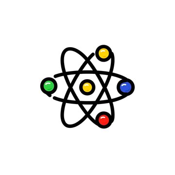 Simple atom illustration with colorful electrons orbiting nucleus