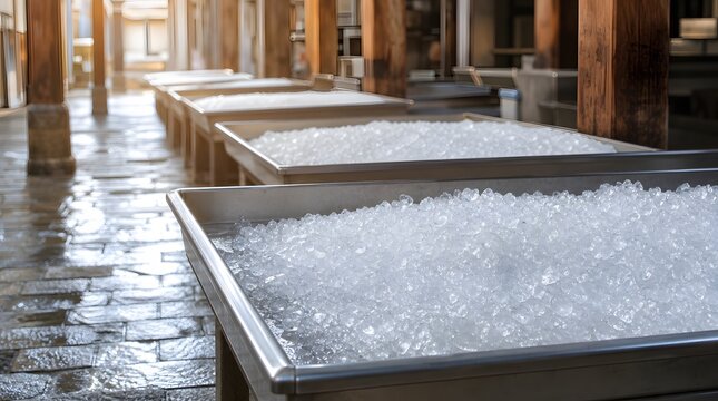 Fresh Clean Crushed Ice Market Display Background with Morning Light