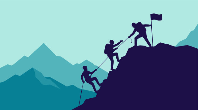 Team of mountaineers helping each other to reach the mountain summit with a flag