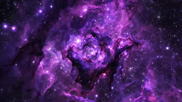 Seamlessly looping slow motion particles of glowing purple and deep indigo dust swirl and flow like a cosmic nebula in deep space