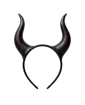 Black curved costume horns shown as devil horn headband isolated on white cutout for Halloween, fantasy, or party styling