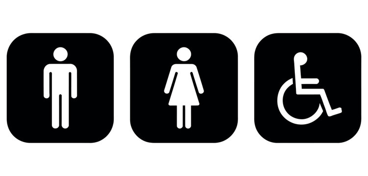 Set of black and white restroom signs for men women and disabled persons on white background.