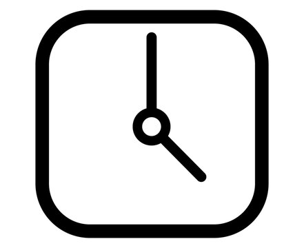 Simple Square Clock Icon with Rounded Corners and Black Hands isolated on white background