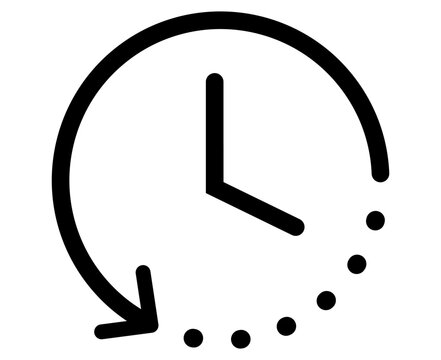 Clock icon with arrow and dots representing time passing or history isolated on white background