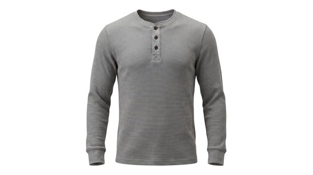 Grey long sleeve waffle knit henley shirt on mannequin