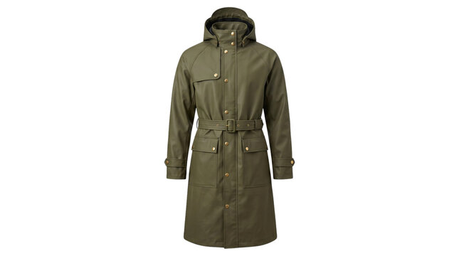 Olive green hooded raincoat trench coat with belt on mannequin