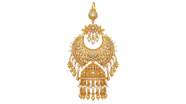Traditional gold jhumka earring with intricate filigree, ornate Indian bridal jewelry, luxury yellow gold chandelier earring for weddings isolated PNG with Transparent Background