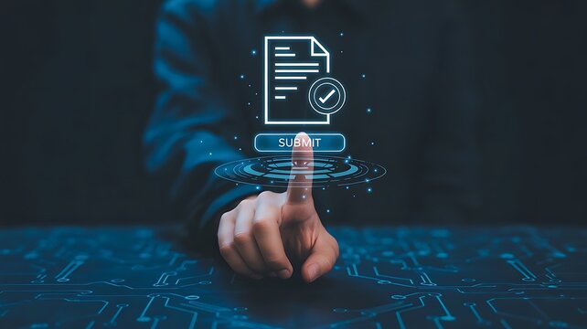 Person touching a digital submit button with a document online form submission, technology, business, digital workflow, secure data concept