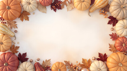 Fototapeta premium Autumn harvest frame of pumpkins and fall leaves with pumpkins