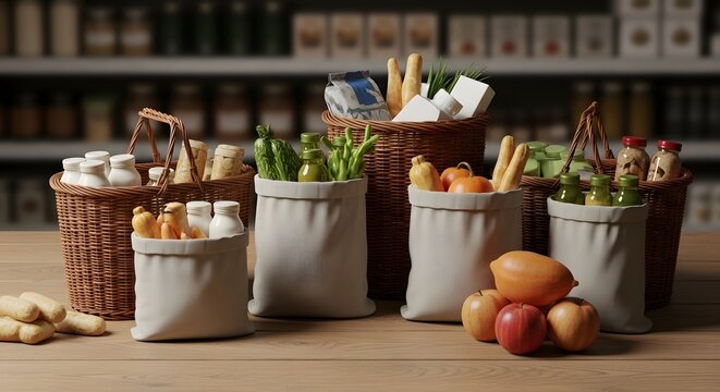 Fresh Produce and Dairy Products Displayed in Baskets and Bags.